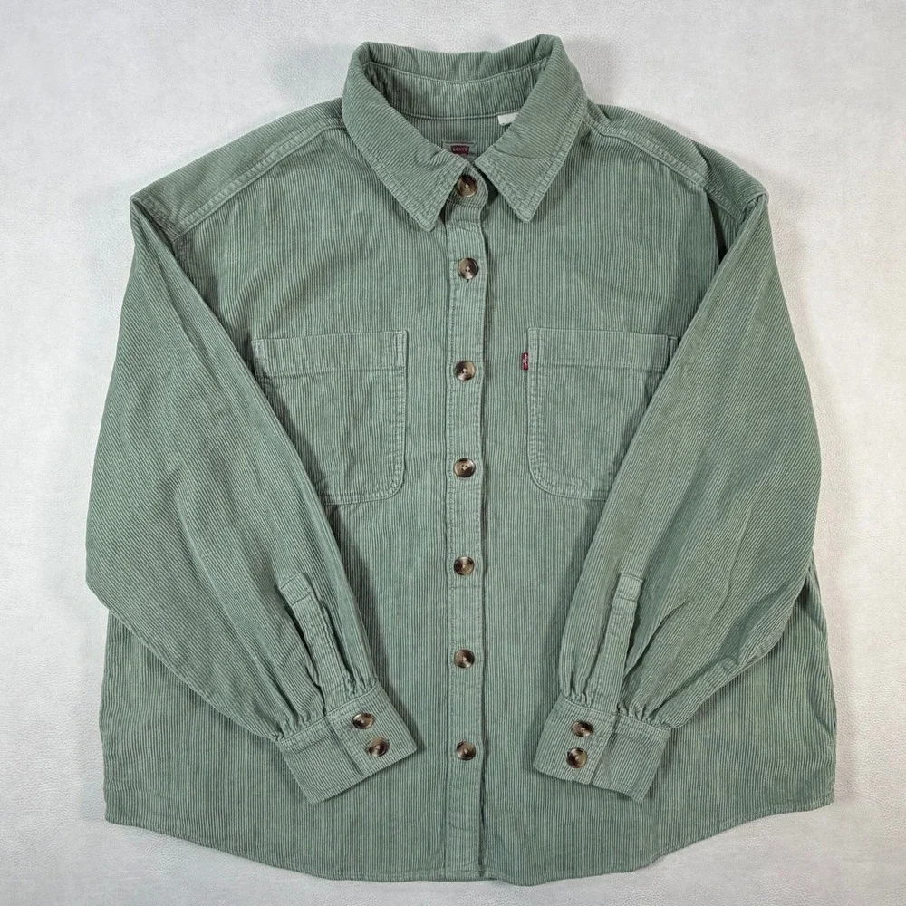 Levis Mens XL Sage Green Corduroy Button Down Shirt Jacket Shacket Oversized
